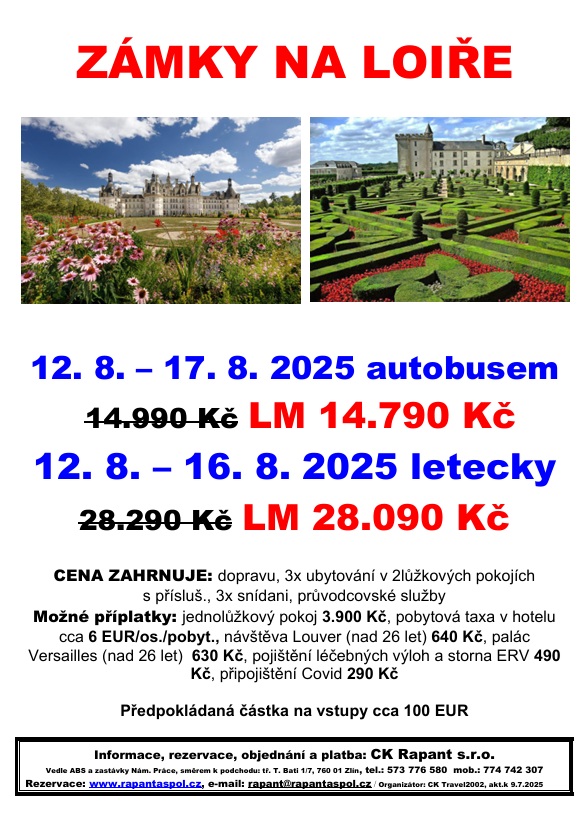 FRANCIE - Zámky na Loiře bus nebo let - k.9.7.